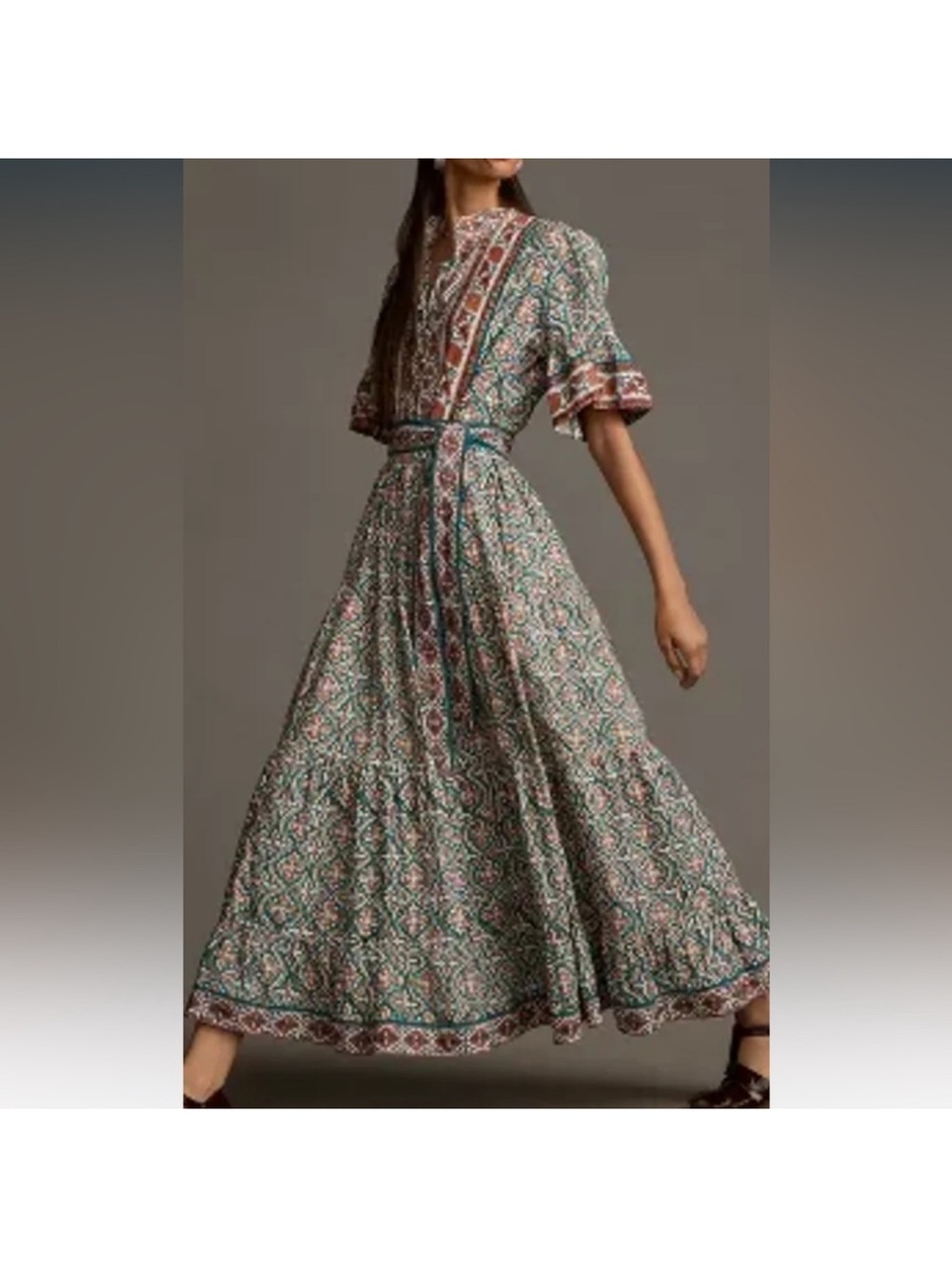 Bohemian Green Floral Maxi Dress with Belted Waist
